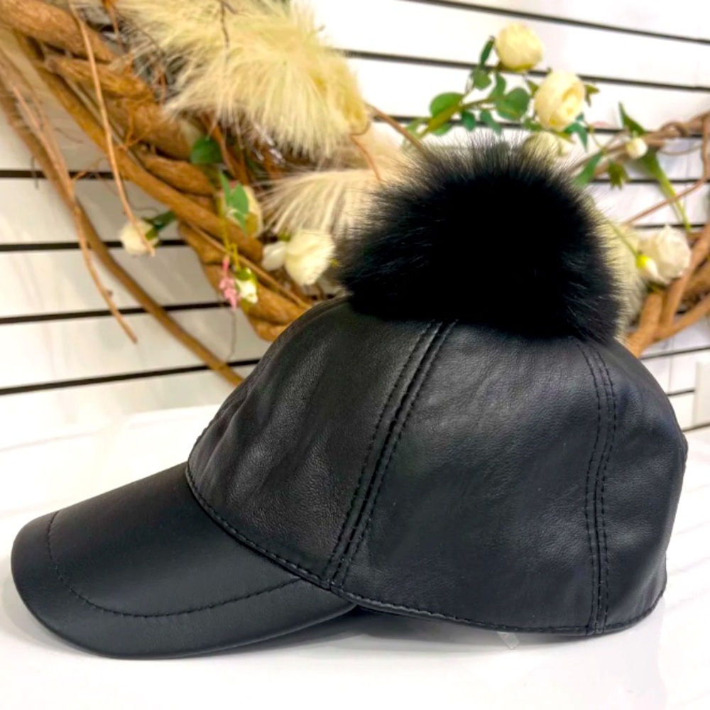 Leather baseball cap with Removable Pom Pom